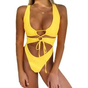 Chyrii Cutout Lace-Up Backless High Cut One Piece Swimsuit Yellow Women's Small